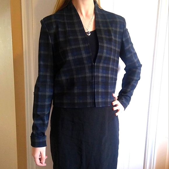 Periphery Plaid Cropped Blazer Size Small Blue Black & Grey - Picture 2 of 9